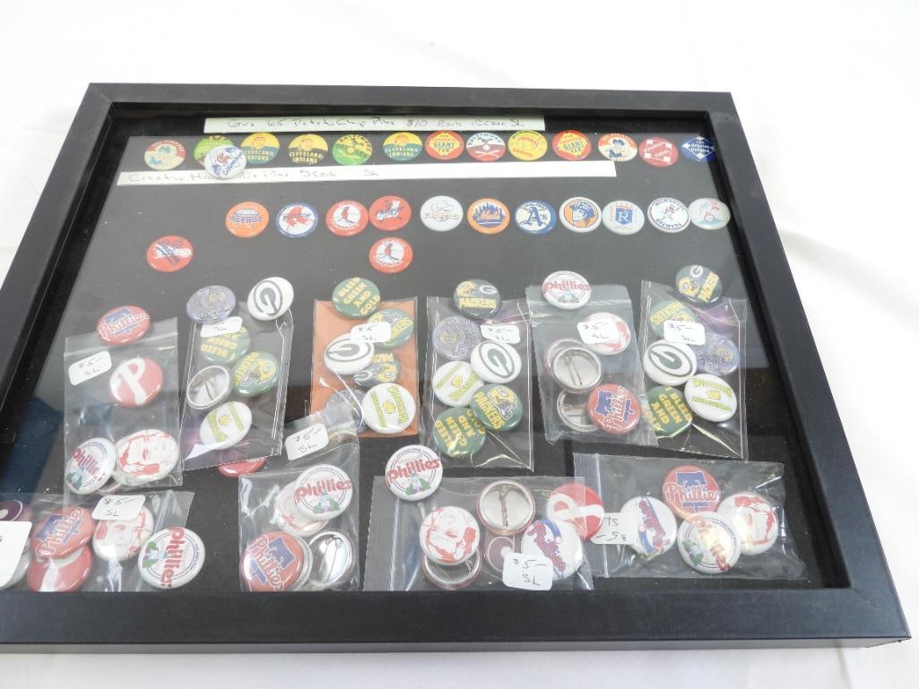 Lot of 86  Assorted 1965 Gus pins, Creative House 1970's pins, Baseball & Football pins in display c (1 of 8)