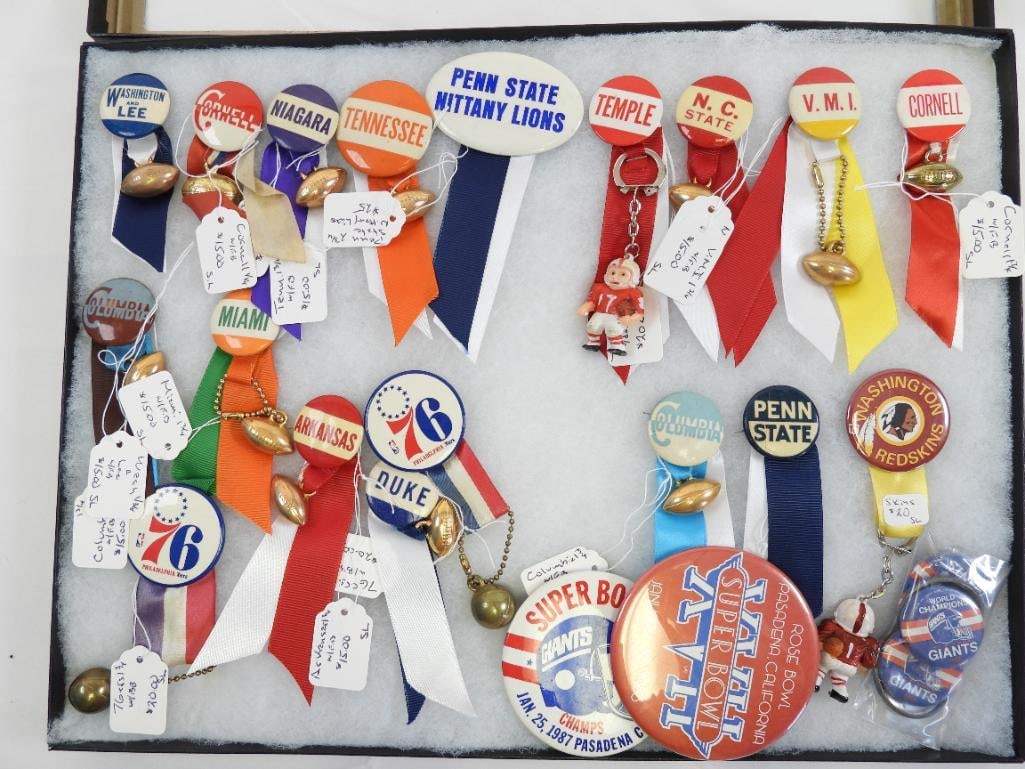 Lot of 24 assorted college & professional football & basketball pins w/ ribbons in display case.  (1 of 7)