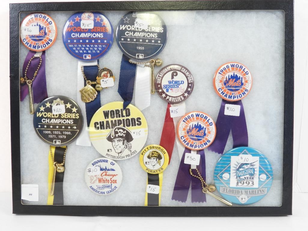 Lot of 12 assorted MLB  Championship pins w/ attached ribbons & figures in display box (1 of 9)