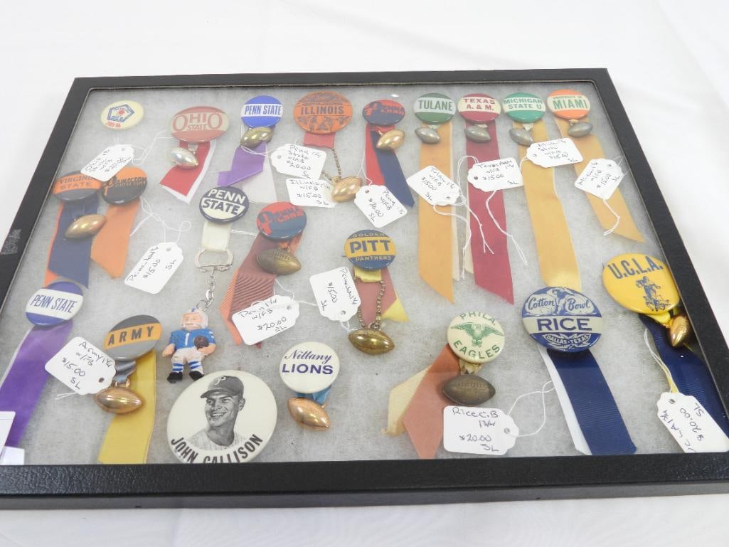 Lot of 21 assorted college & NFL pins w/ attached ribbons & figures in display box (1 of 10)