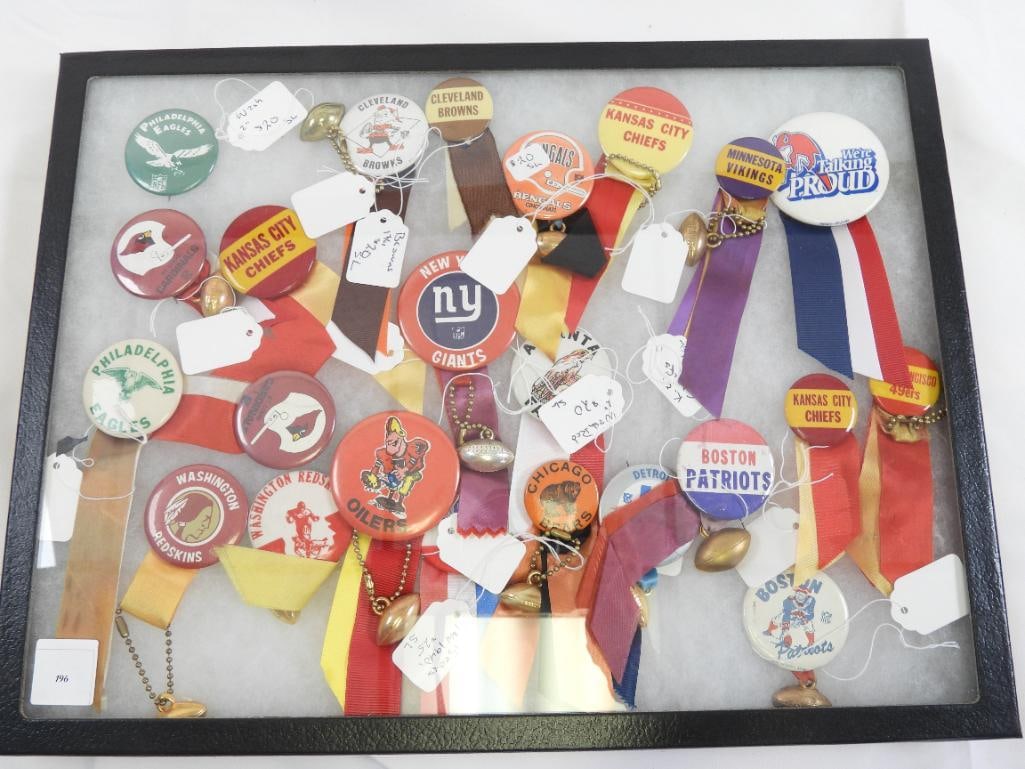 lot of 23 assorted NFL pins, some w/ ribbons/figures in display box, Eagles, Browns, & more (1 of 10)