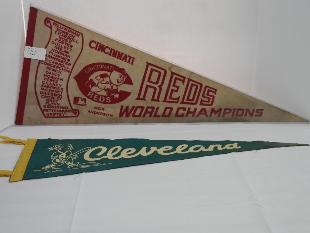 lot of 2 Cleveland Indians & Cincinati Reds Vintage felt Pennants: 30" long. Minor wear due to age. One w/ cover.