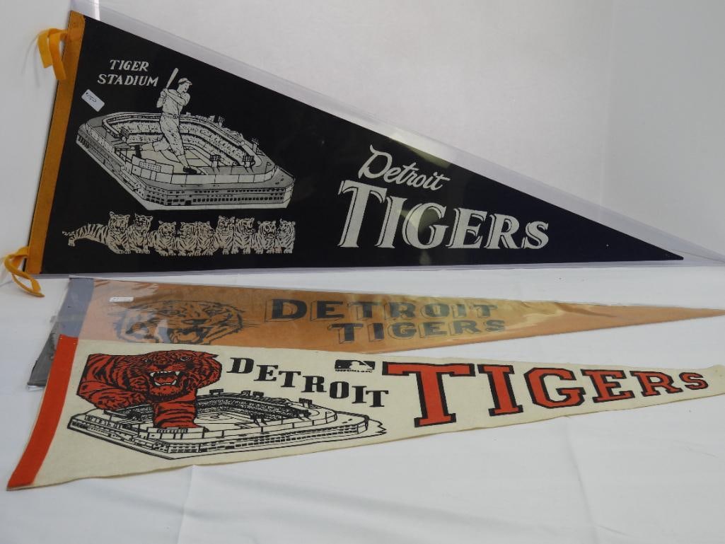 lot of 3 Detroit Tigers Vintage felt pennants: 30" long. Minor wear due to age.2 w/ covers.