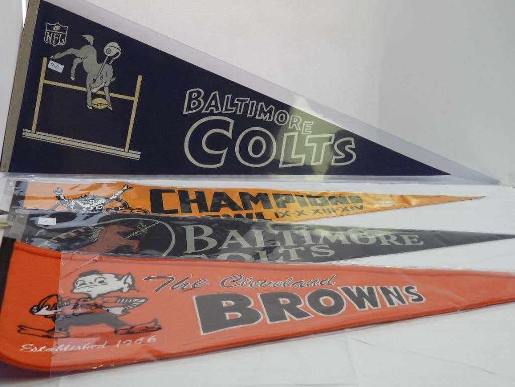 Lot of 6 vintage felt pennants, Baltinore Colts, Bowns, & others: 30" long, minor wear due to age. 2 w/ covers. Colts, Browns, Steelers.