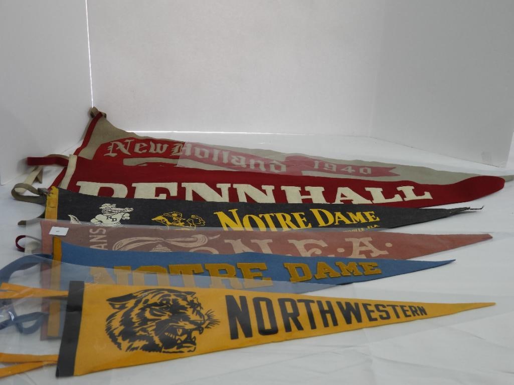 Lot of 6 vintage felt pennants, Northwestern, Notre Dame, & others: 30" long, Notre Dame, Northwestern, Pennhall, New Holland, New Orleans NEA.