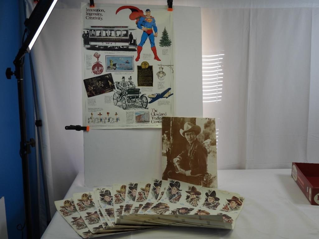 lot of 14 John Ford Western Heros post card prints, Cleveland, OH Innovation Commerative poster, sep: 12 sheets of 12 post card prints from John Ford's Famous Western Stars Series 14"x16", Tom ene, & more, Celveland Innovation Commerative poster 18"x24", & 11"x14" sepia cowboy print.