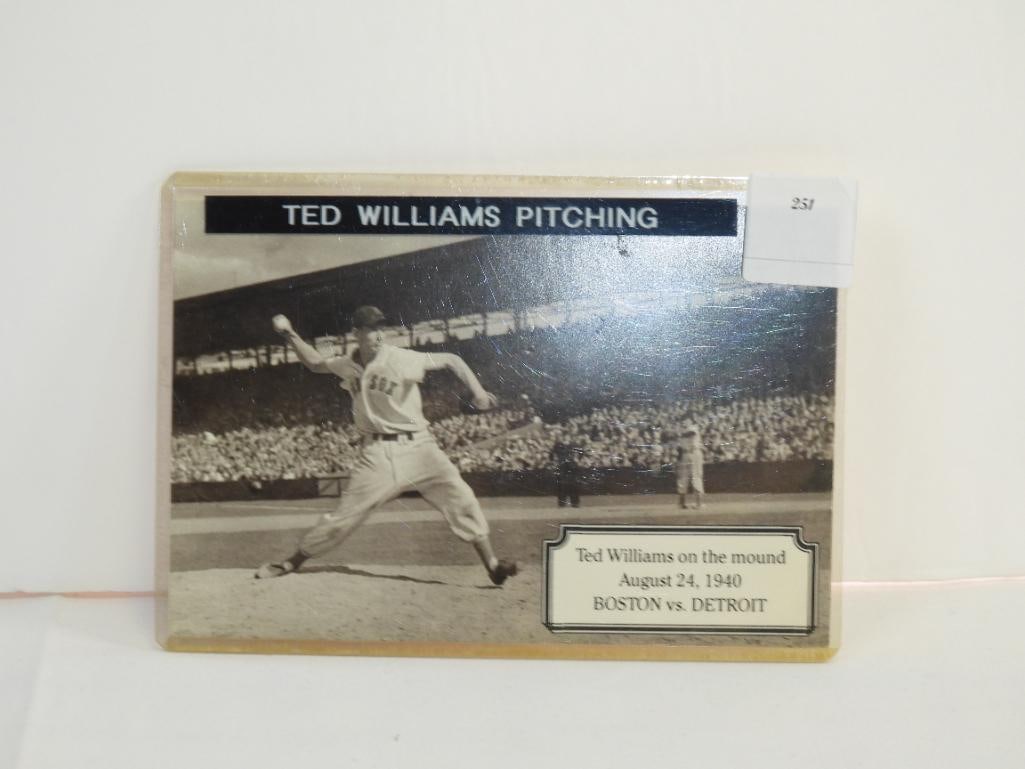 Laminated post card of Ted Williams ptiching 8/28/1940 Boston vs Detroit: laminated 4"x6"