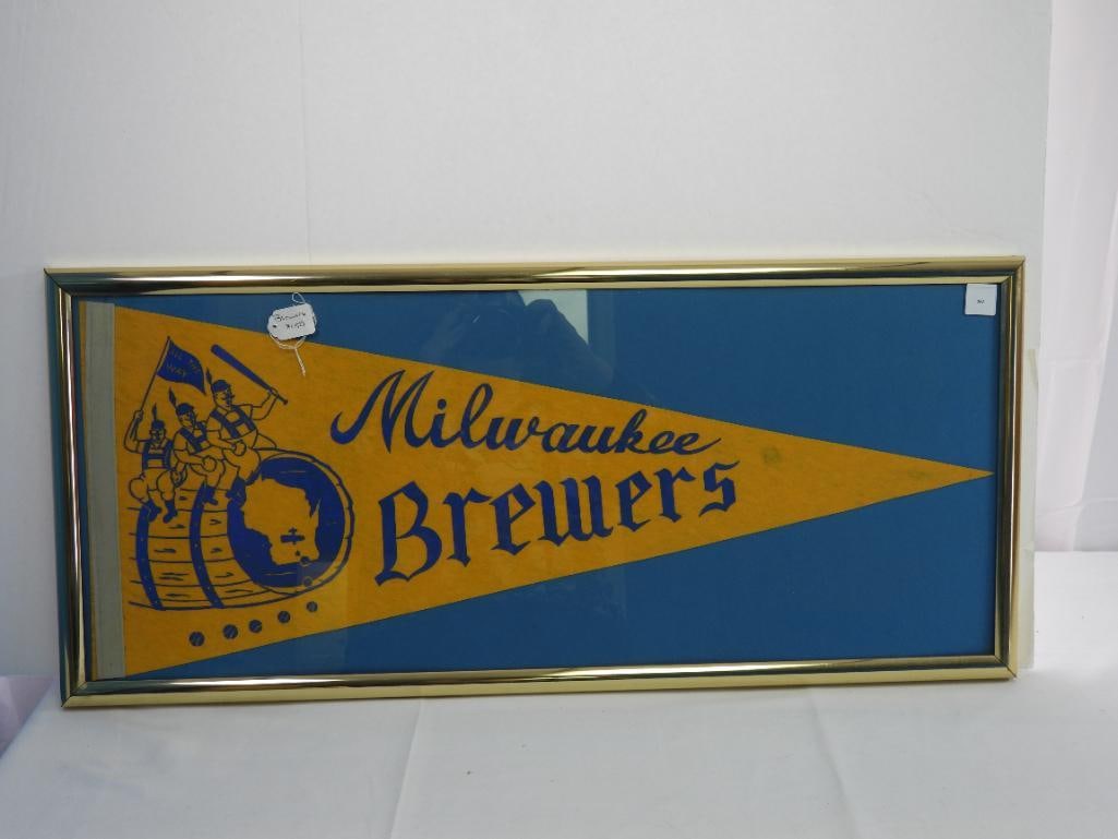 Miluaukee Brewers Vintage framed yellow/blue pennant: gold frame 14"x31"