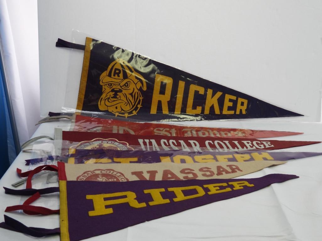 lot of 6 assorted Vintage high school/college pennants, Vassar, Rider, & more!: 22"-30" long, Vassar, Rider, St. Joes, Ricker, St. John's. Some wear & discoloration due to age, refer to photos.