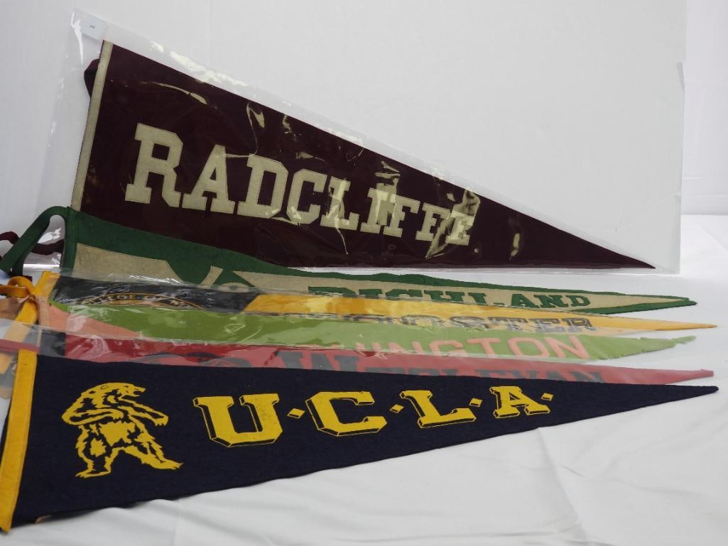 lot of 6 assorted Vintage high school/college pennants, Washington, Wesleyan, & more.: 30" long, Washington, Wesleyan, Radcliffe, Wooster, UCLA, Richland, Some wear & discoloration due to age, refer to photos.