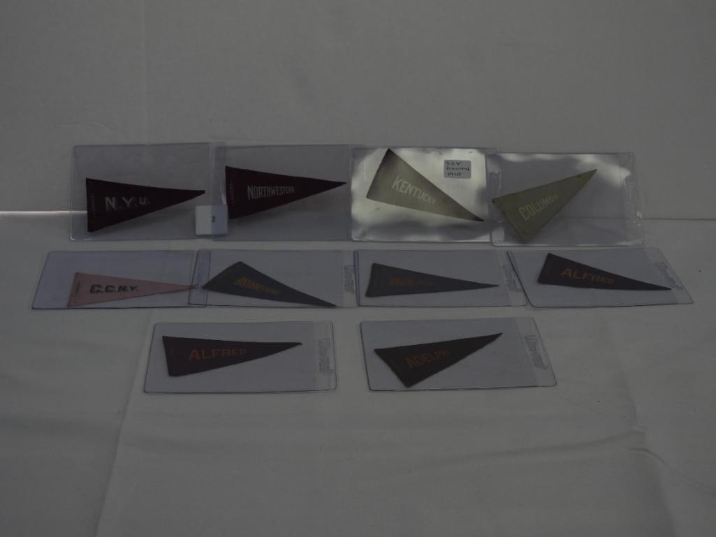 lot of 10 mini college pennants, NYU, Columbia, & more: 4" long, in protective sleeve, NYU, Columbia, Northwestern, Kentucky, CCNY, Brooklyn Poly, Adelphi, Alfred.