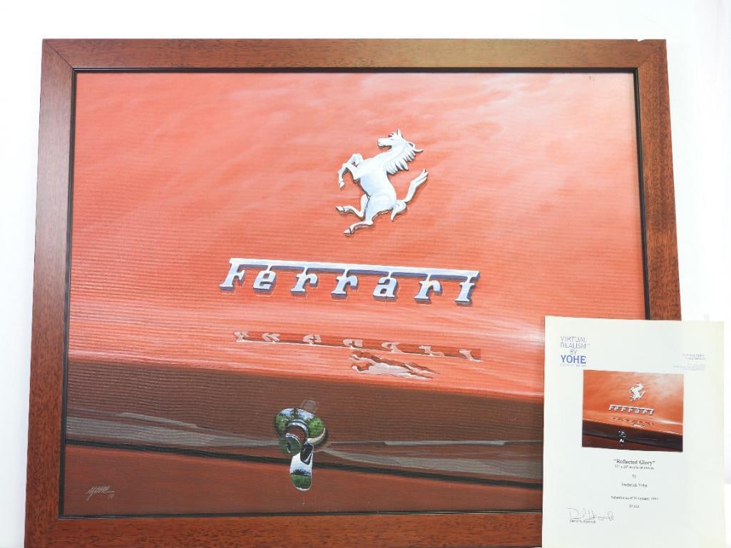 Reflected Glory Ferrari framed acrylic on canvas Virtual Realism by Frederick Yohe w/ valuation pape: Reflected Glory Ferrari 22"x28" framed acrylic on canvas Virtual Realism by Frederick Yohe w/ valuation paperwork, $2,000 valuation as of 01/26/1995, professionally framed by Picture Perfect Framing.