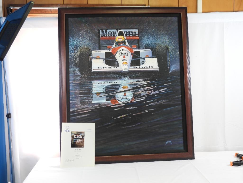 Into The Light A Tribute to Ayrton Senna framed acrylic on canvas, Virtual Realism by Frederick Yohe: Into The Light A Tribute to Ayrton Senna 30"x36" framed acrylic on canvas, Virtual Realism by Frederick Yohe, w/ valuation documentation, $3,200 valuation as of 01/05/1995.