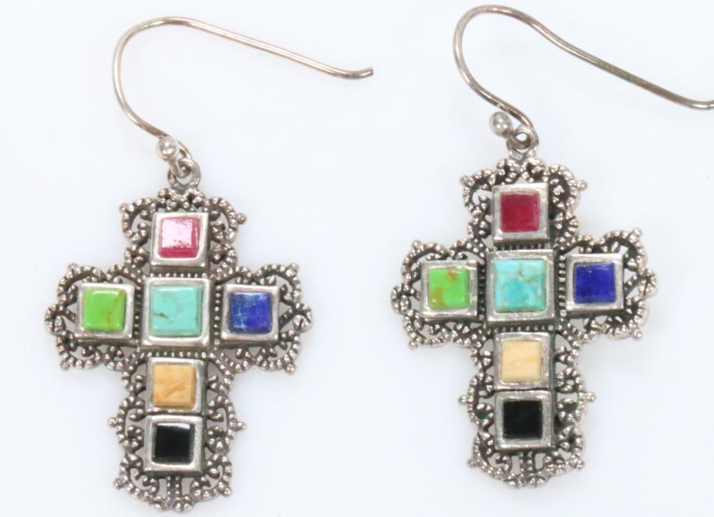 Vintage BARSE Sterling Silver Multi stone Cross Pierced Earrings MATCHES lots 14 & 15 (1 of 4)