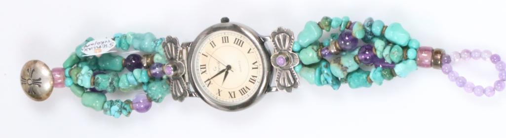 Don Lucas Native Peyote Bird Large Sterling silver Turquoise Amethyst 5 strand bracelet watch (1 of 10)