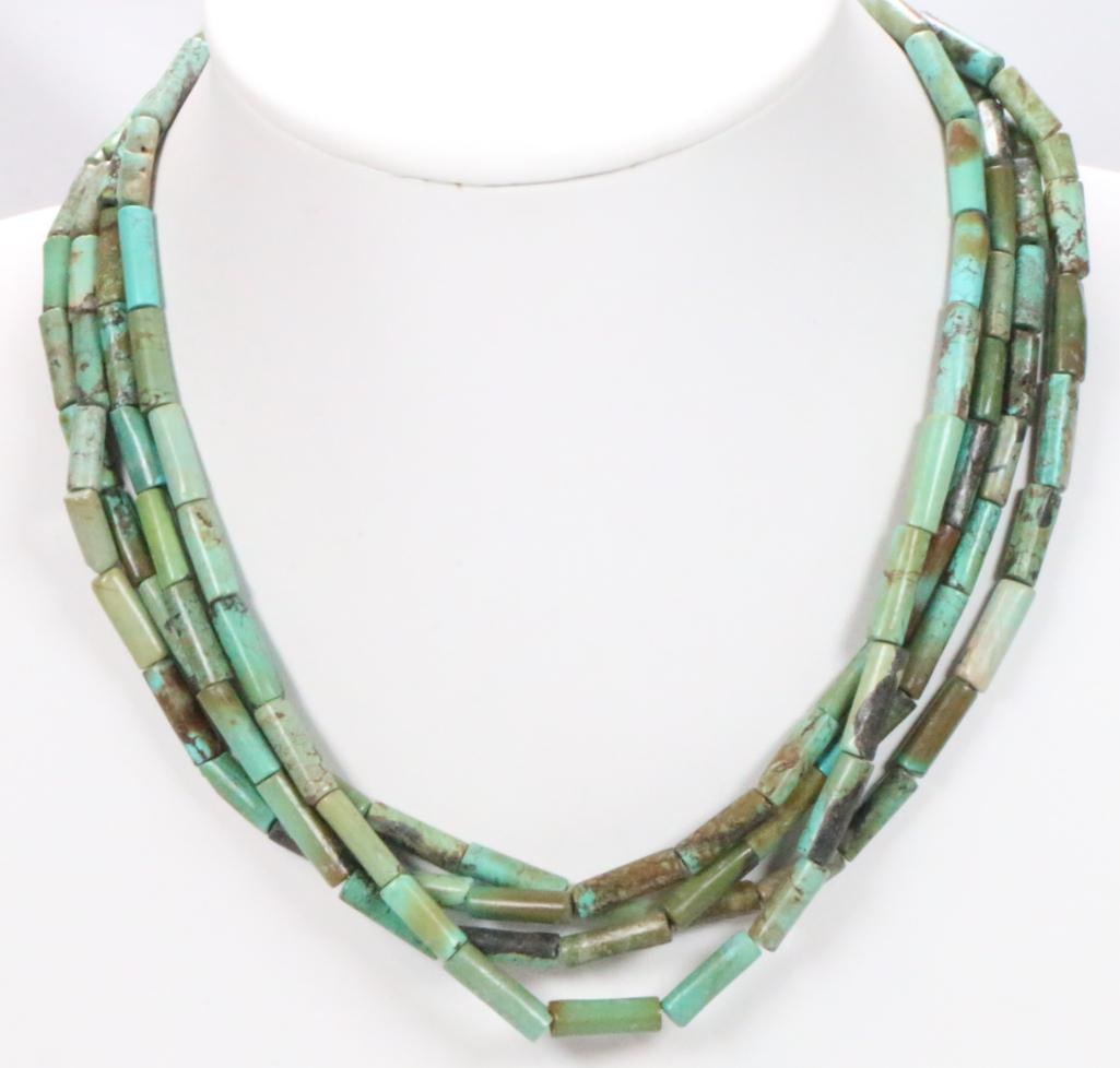 Fabulous 4 strand blue green turquoise tubular bead necklace 76.7 grams (1 of 5)