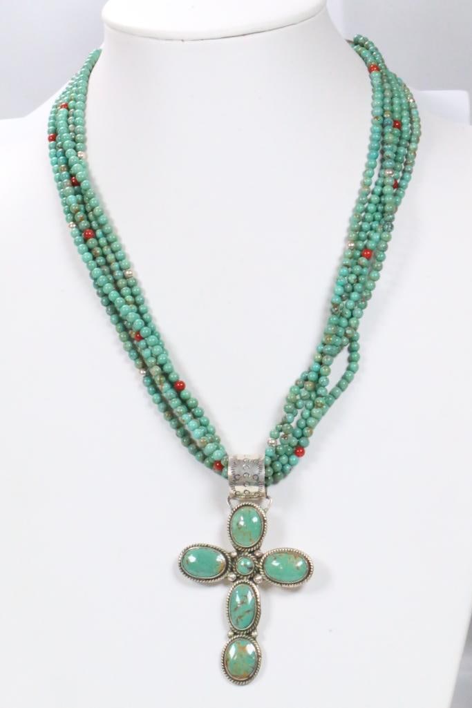 HUGE JD Native American Sterling Silver Cross pendant on 5 strand turquoise necklace (1 of 5)
