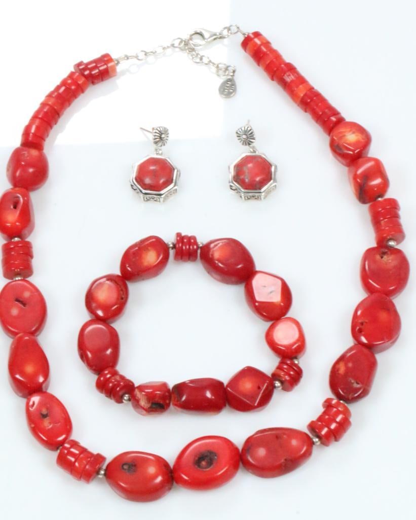 Barse Sterling Silver Red Coral Necklace Bracelet Earrings Set (1 of 9)