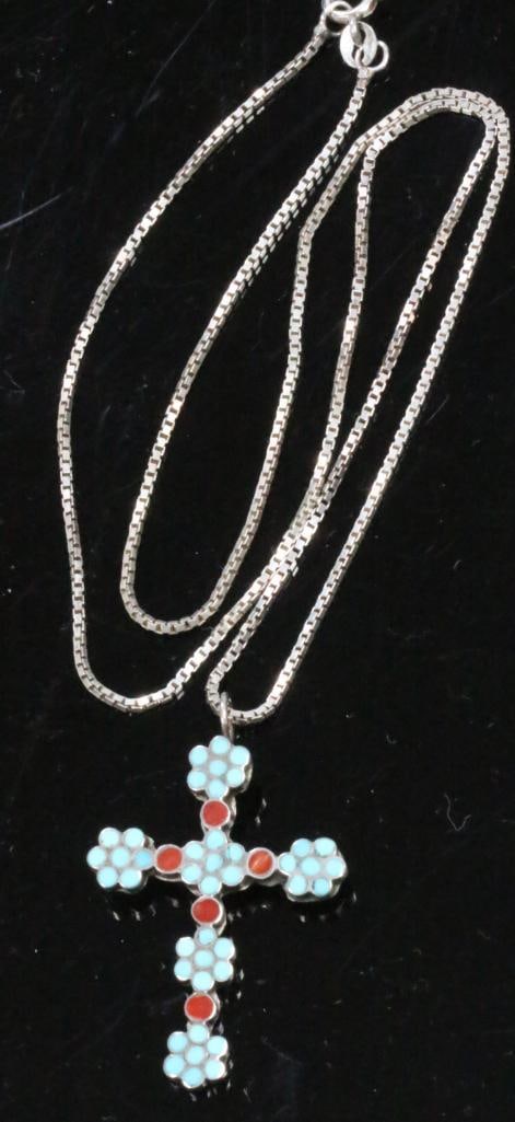 Lovely Sterling Silver blue turquoise and red coral cross pendant necklace (1 of 4)
