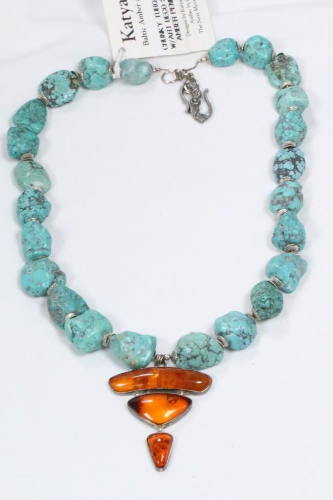 NEW Katya's Baltic Amber Turquoise Sterling Silver Huge Pendant Necklace 110 grams (1 of 13)