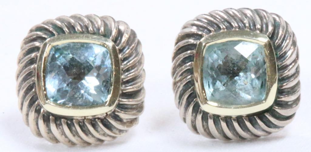 AUTHENTIC David Yurman 14kt Gold Sterling Silver Blue Topaz Pierced Earrings 10 grams (1 of 4)