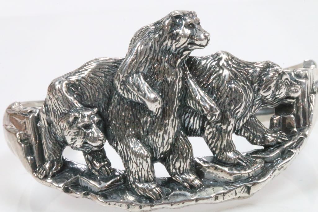 Kabana Sterling Silver 3 Bear thick cuff bracelet 49 grams. (1 of 9)