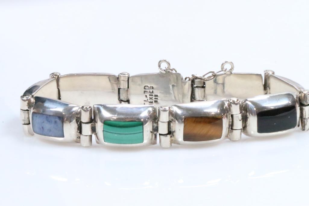 Taxco Mexico Heavy Sterling silver multi native stone turquoise, onyx + heavy link bracelet 52 (1 of 7)