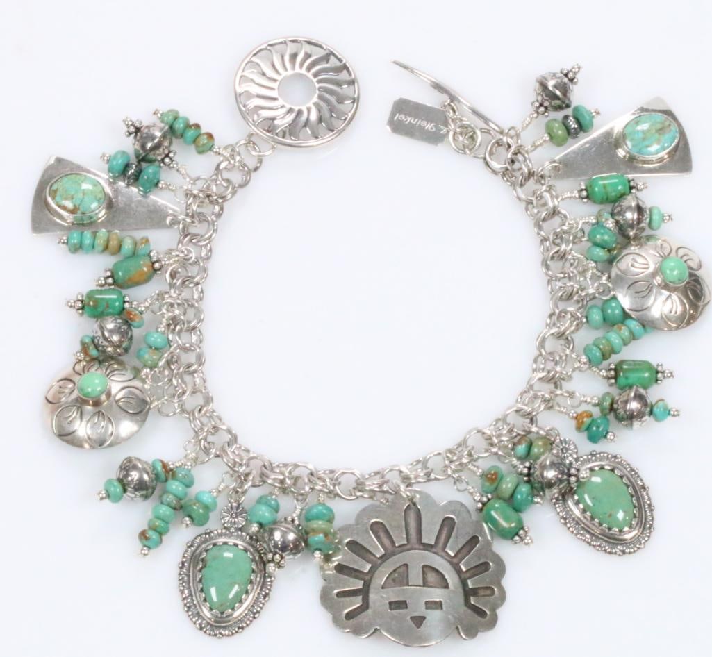 Navajo EMT Everett Mary Teller Sterling Silver Turquoise Charm bracelet Weighs 52.5 grams (1 of 14)