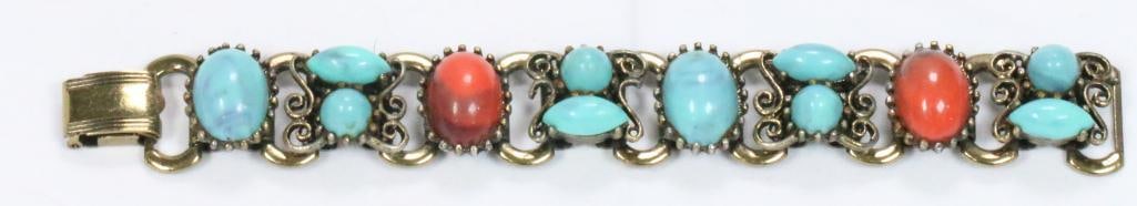 Vintage DE style mult stone brass tone bracelet turquoise Red agate stones 63.1 grams (1 of 5)