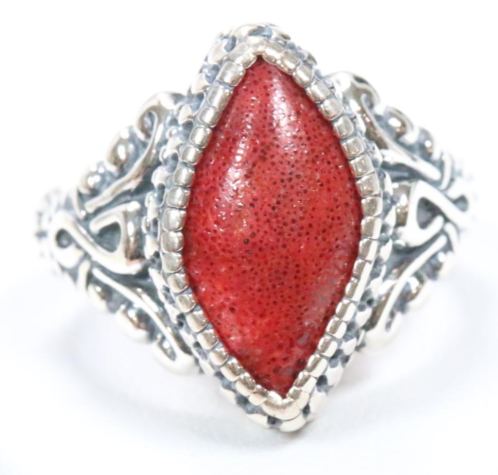 Carolyn Pollack Relios red Coral sterling silver scroll ring. 8.6 grams size 9.25 (1 of 7)