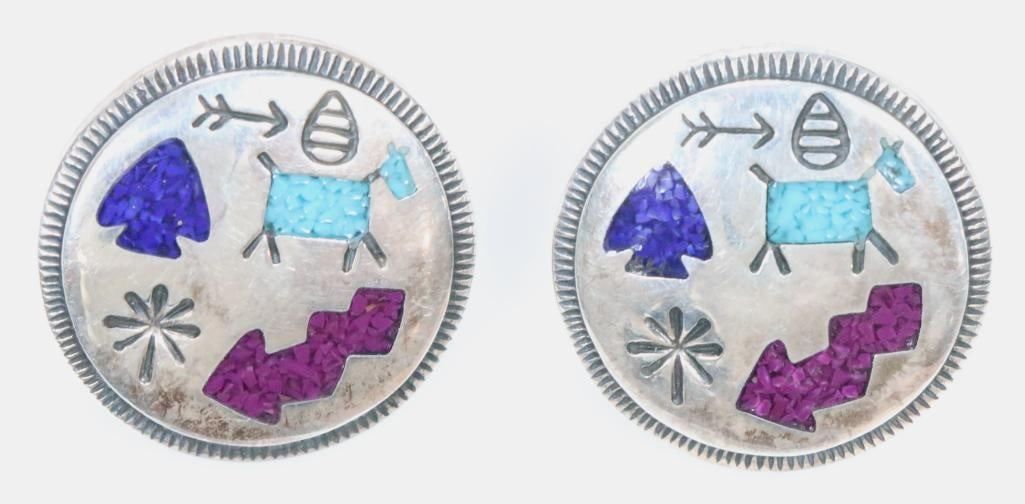 Carolyn Pollack Navajo Hieroglyph inlaid sterling silver Multi stone Earrings 12.5 grams. (1 of 3)