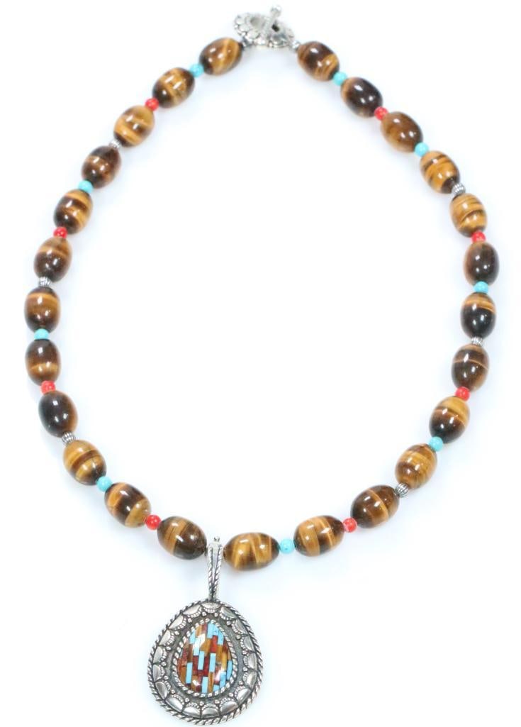 Carolyn Pollack Mosaic turquoise sterling silver pendant necklace 75.1 grams (1 of 6)