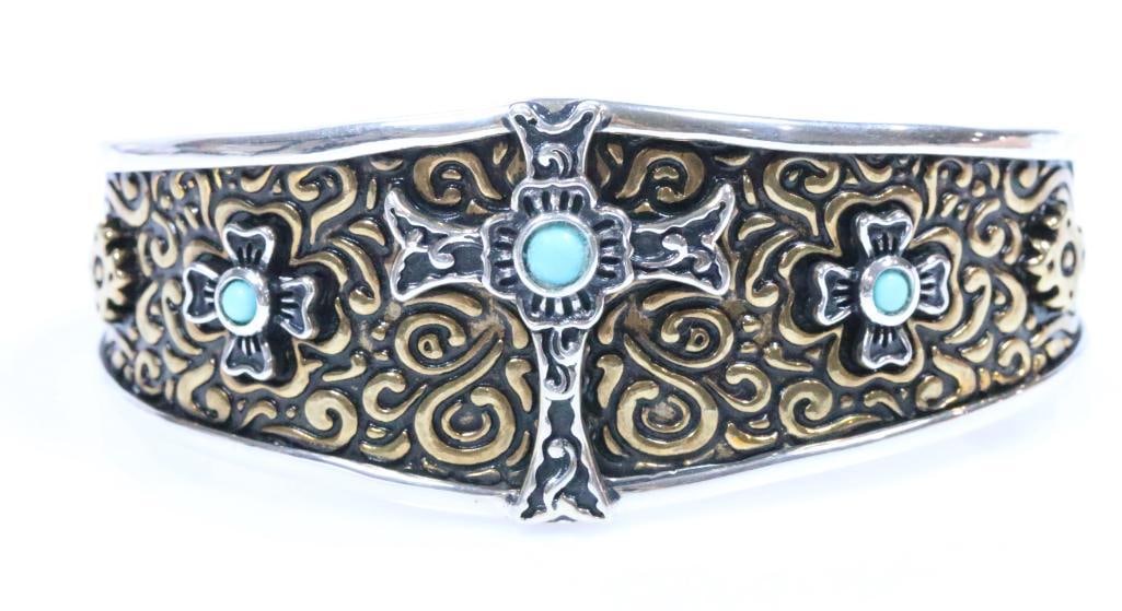 Carolyn Pollack Relios Two tone brass Sterling Silver Turquoise Cross cuff bracelet (1 of 7)
