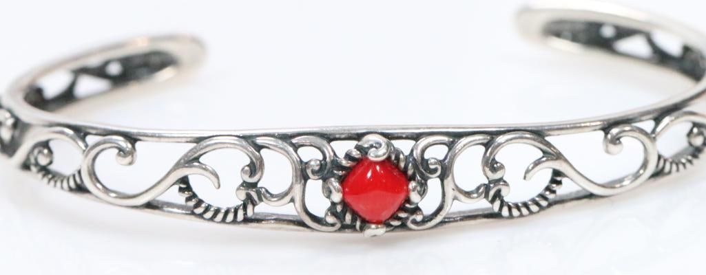 Carolyn Pollack Relios Scroll sterling silver red coral bracelet 11 grams (1 of 7)