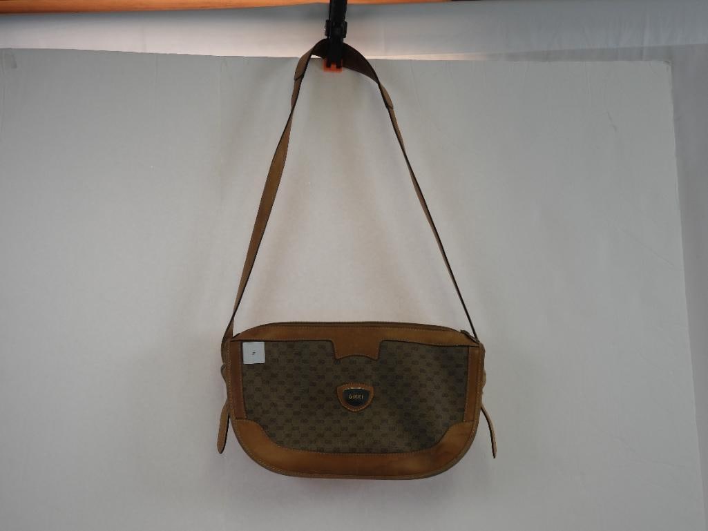 Vintage Gucci Tan leather waxed canvas logo print handbag Serial # 001-067-0445 Italy (1 of 8)