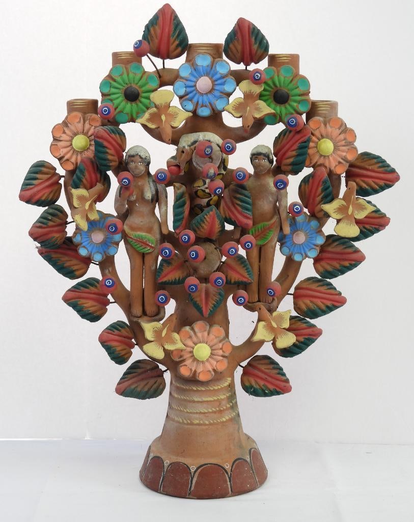 Vintage Mexican Folk Art Handmade Ceramic/ Terracotta Clay Tree of Life sculpture Candelabra (1 of 7)