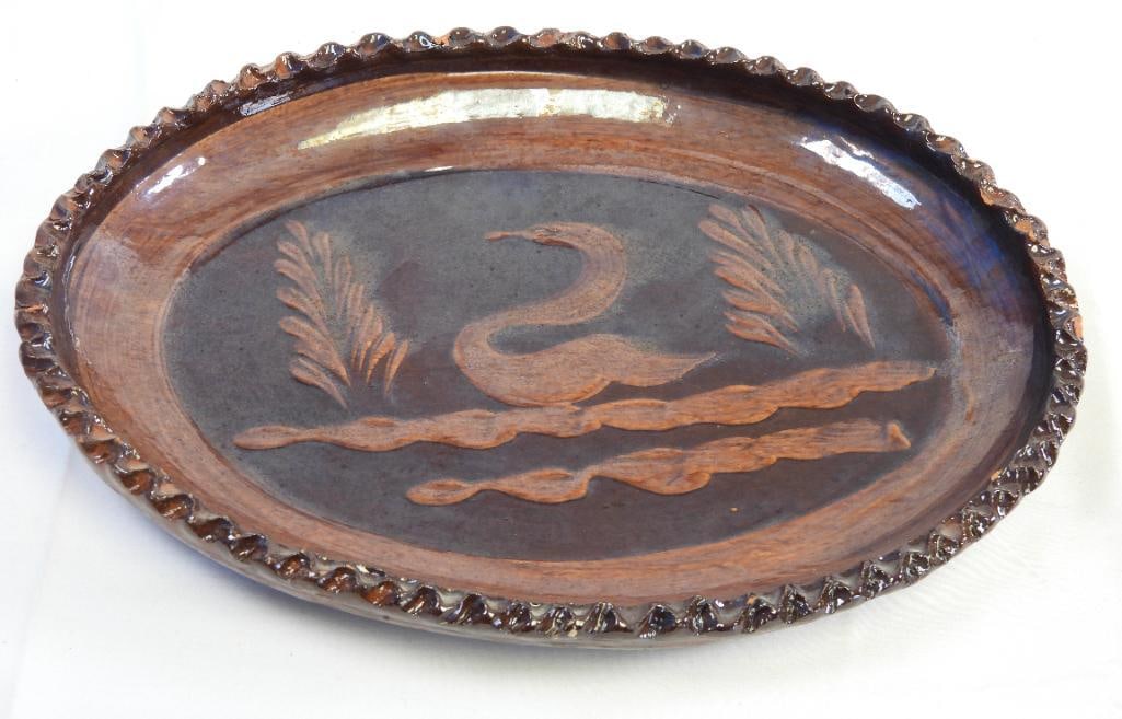 Vintage dish handmade/ hand painted oval red clay plate pottery platter w/ swan (1 of 2)