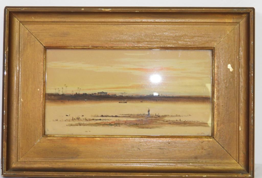Antique water color painting framed Early Native American signed A. (Armond) Lara: Water color is 10.75" x 5.5" plus a 2-3/4" antique gold painted wood frame. Minor chips in the paint on the front of the frame, Handpainted, water color, signed A. Lara. artist Armond Lara Gold guilt