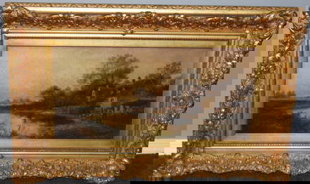 Antique  farmhouse & pond Framed & Signed F. Burlsworth ? Oil painting on canvas