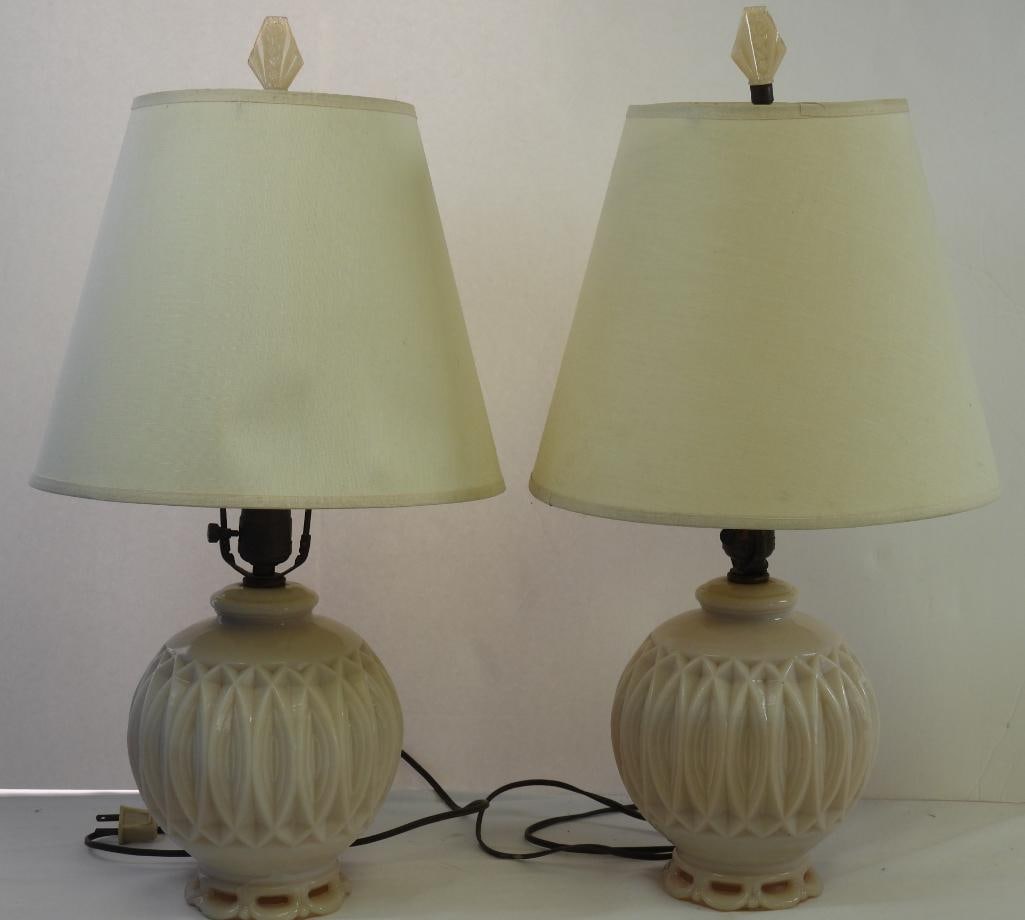Pair of RARE Antique pre 1940's Uranium Glass Lamps w/ shades, finials 2 bulbs each. (1 of 11)