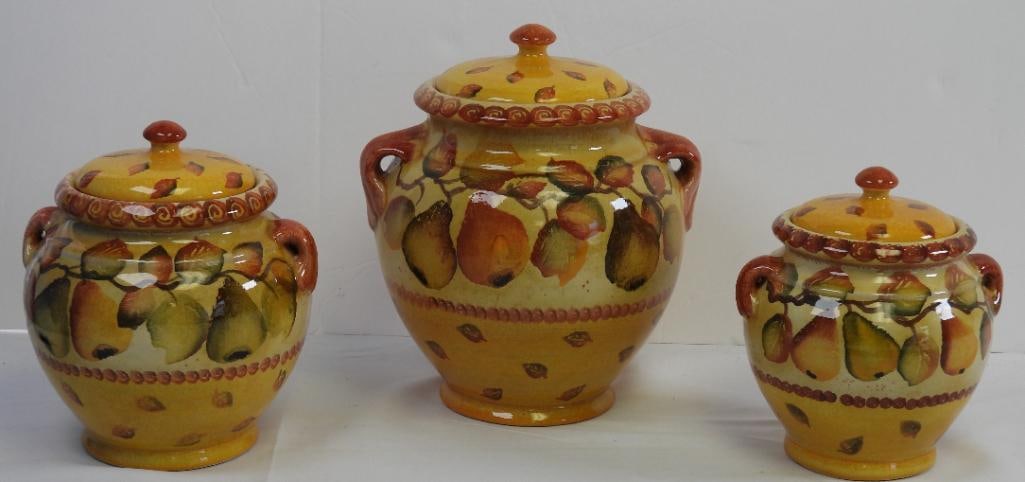 lot of 3 Vintage Willams-Sonoma hand painted yellow w/ pears ceramic cannisters w/ lids, Made in (1 of 4)