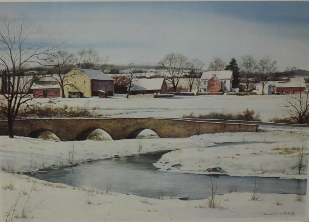 THREE ARCH BRIDGE Village Scene framed, signed, & dated LE Print by Mildred Sands Kratz/ AWS 1979 (1 of 5)