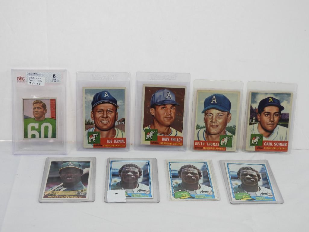 lot of 9 assorted TOPPS baseball cards and 1950 Bowman Gum #132 Chuch Bednarik, graded 6 EX-MT BVG (1 of 10)