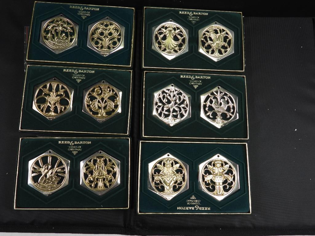 Reed & Barton The 12 Days of Christmas silver filigreed ornament collection, Lot of 6 boxes, each: Lot of 6 boxes, each containing 2 ornaments, silver filigreed ornaments, IN BOXES.