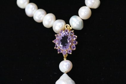 NEW Gold over sterling Large pearls Amethyst necklace 49.2 grams