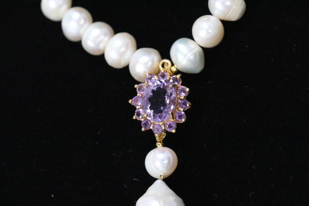NEW Gold over sterling Large pearls Amethyst necklace 49.2 grams