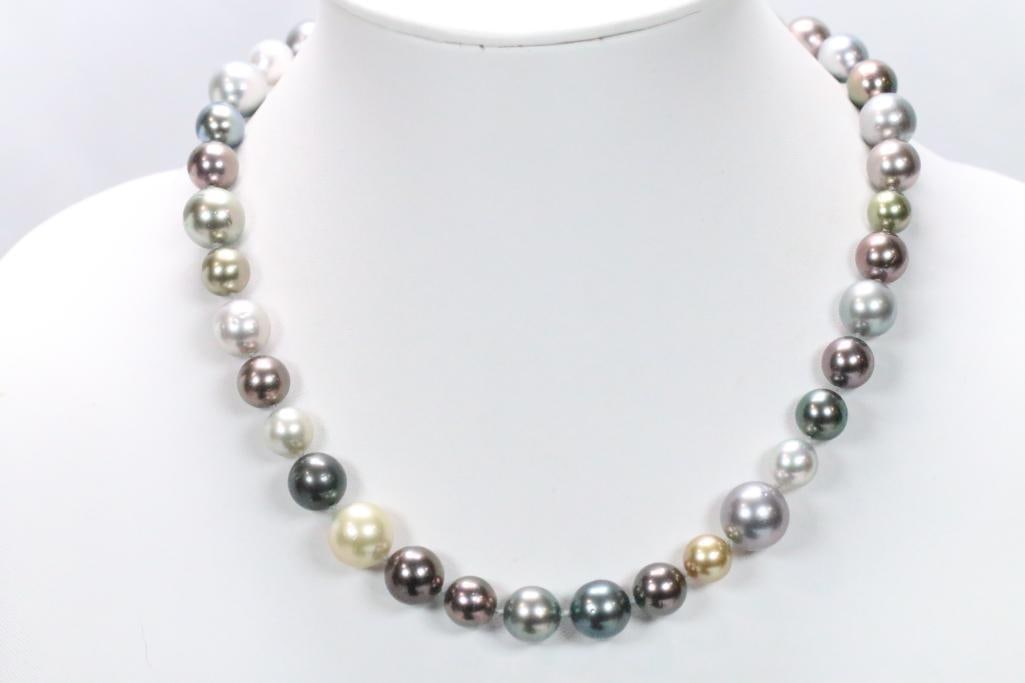NEW 18kt Gold Diamond Cultured Pearl 10mm to 14mm Necklace in the box: Gorgeous hand knotted graduated sized multi color pearls in neutral shades of silver, gold, bronze and platinum in graduated sizes from 10mm to 14mm. Hand knotted. 14KT gold and genuine diamond swirl 