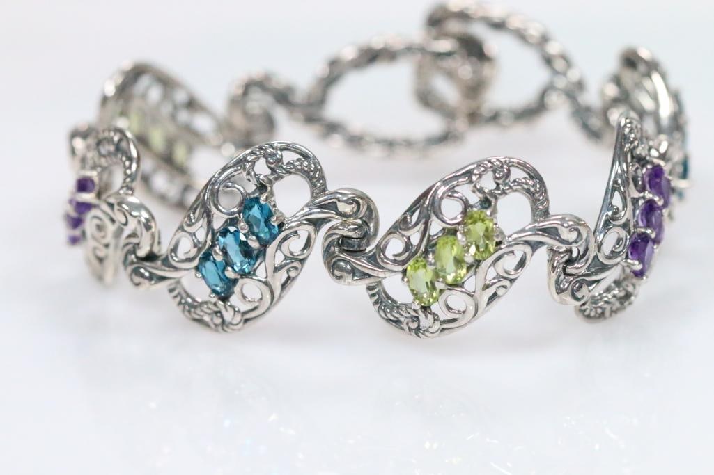 NEW Carolyn Pollack Sterling Silver amethyst chrysoprase topaz Bracelet in box: Boxed with storage pouch,and box. approx. 7.5" long with green, blue and purple gemstones, topaz, chrysoprase, amethyst