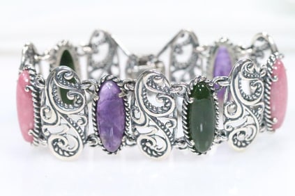 NEW Carolyn Pollack Sterling Silver and jade, onyx, rhodochrosite bracelet with box