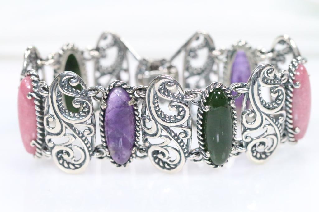 NEW Carolyn Pollack Sterling Silver and jade, onyx, rhodochrosite bracelet with box (1 of 7)